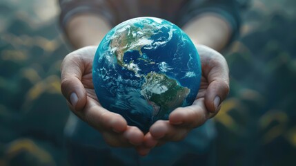 Picture of a blue and green planet with hands holding it, symbolizing care for the environment