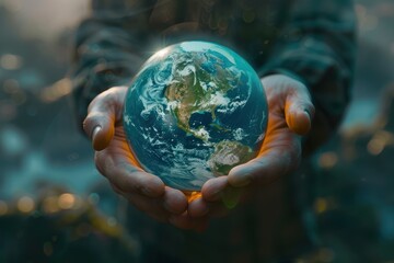 Picture of a blue and green planet with hands holding it, symbolizing care for the environment - obrazy, fototapety, plakaty
