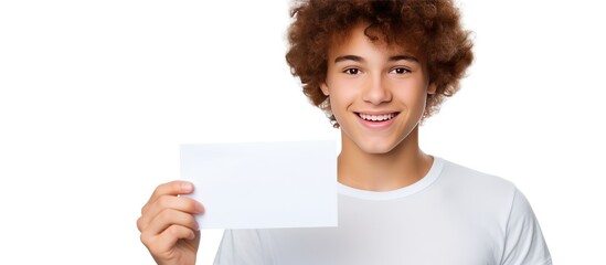 Fototapeta premium A smiling teenager is holding up a blank white card in a portrait shot. The card is the focal point of the image, showcasing a message or advertisement.
