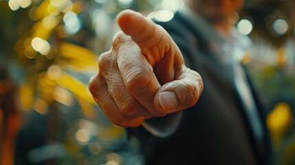 Close Up Hand of happy Professional Businessman in Suit Pointing Forward