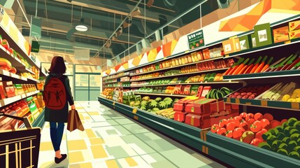 The illustration of a woman in a grocery store. Buying vegetables and fruits. AI generative.
