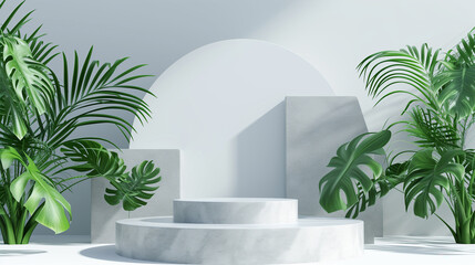 Modern white pedestal podium with green palm leaf. Platform in shadow. 3d shape cosmetic product display presentation.