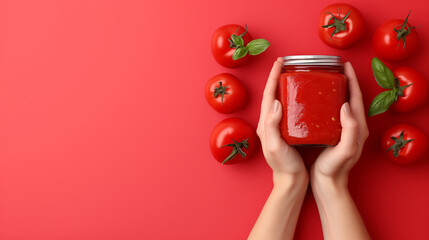 Hands of mature woman holding homemade tomato sauce jar