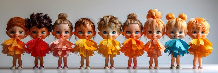 A 3D animated cartoon render of a smiling group of cheerleader children with pom poms. - obrazy, fototapety, plakaty