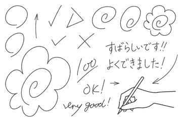 鉛筆で書いたような花丸など丸つけのセット