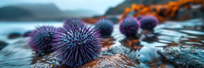 A group of sea urchins resting on rocks near the waters edge, - obrazy, fototapety, plakaty