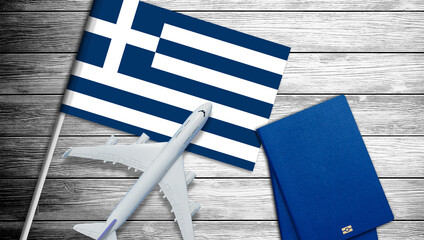  Illustration of a passenger plane flying over the flag of Greece. Concept of tourism and travel