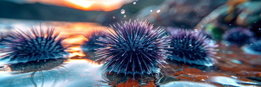 A group of sea urchins resting on rocks near the waters edge,