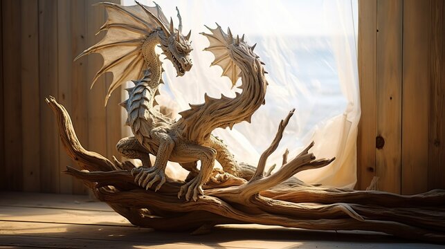 Stunning strong realistic wooden dragon sitting on a piece of driftwood.