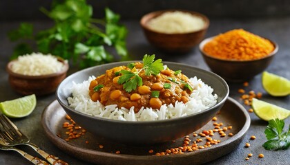 Red lentil curry with basmati rice on a plate