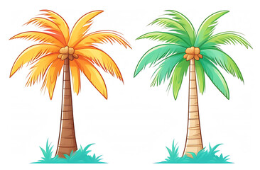 Fototapeta na wymiar Orange and green palm trees with coconuts and grass on a white background.