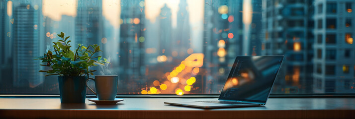 A laptop and coffee cup on the desk with city buildings background at sunset