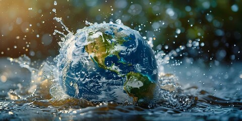 Earth replica made of water representing conservation and protection of nature. Concept Nature Conservation, Water Art, Environmental Protection, Earth Awareness, Sustainable Living - obrazy, fototapety, plakaty
