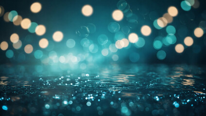 Turquoise light rays on a deep aqua backdrop with bokeh lights. - obrazy, fototapety, plakaty