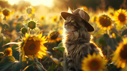 Cat with Hat Posing in Sunflower Field at Sunset
. A majestic long-haired cat dons a straw hat, gazing into the distance in a field of blooming sunflowers bathed in golden sunset light.
 - obrazy, fototapety, plakaty