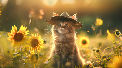 Cat with Hat Posing in Sunflower Field at Sunset
. A majestic long-haired cat dons a straw hat, gazing into the distance in a field of blooming sunflowers bathed in golden sunset light.
 - obrazy, fototapety, plakaty