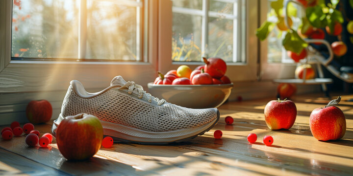  healthy lifestyle concept,  clean nutritious food with running shoes on the floor  with fruit and gym equipment,