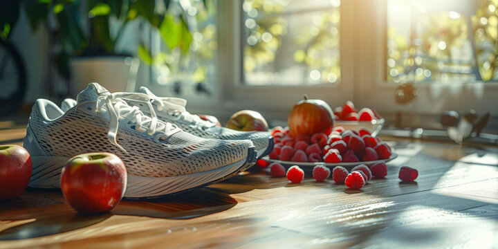  healthy lifestyle concept,  clean nutritious food with running shoes on the floor  with fruit and gym equipment, - Powered by Adobe