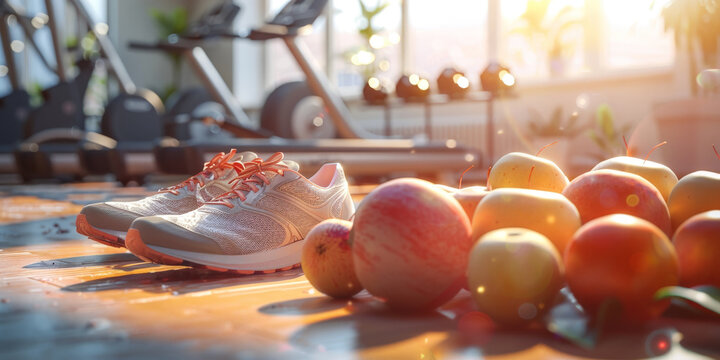  healthy lifestyle concept,  clean nutritious food with running shoes on the floor  with fruit and gym equipment, - Powered by Adobe