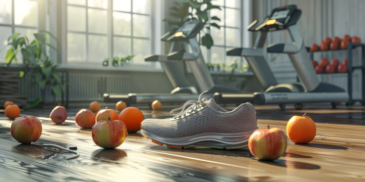  healthy lifestyle concept,  clean nutritious food with running shoes on the floor  with fruit and gym equipment, - Powered by Adobe