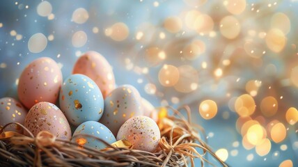 Festive Easter eggs in a nest with golden glitter and sparkling bokeh background