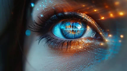 Fotobehang Close-up image of a human eye with futuristic digital overlays, implying advanced technology such as biometrics, augmented reality, or artificial intelligence. © ChubbyCat