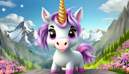 Little cute unicorn with big eyes and funny hair