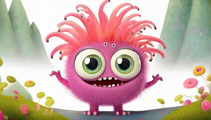 Naklejka premium Little cute monster with big eyes and funny hair