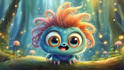 Obraz premium Little cute monster with big eyes and funny hair
