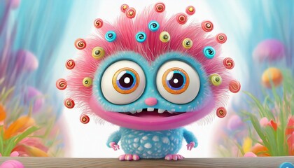 Naklejka premium Little cute monster with big eyes and funny hair