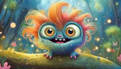 Obraz premium Little cute monster with big eyes and funny hair