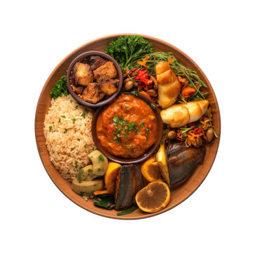 West African food concept. Traditional West African dishes assortment  (rice, chicken, beef, pork, plantain , etc.), top view . Isolated on a transparent background. PNG cutout or clipping path.	
