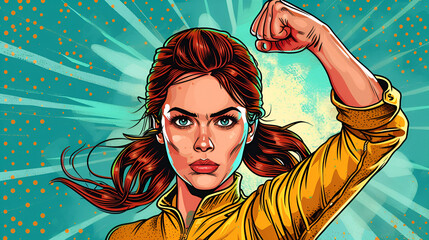 op art comic book style super heroine punching with female superhero costume. generative ai