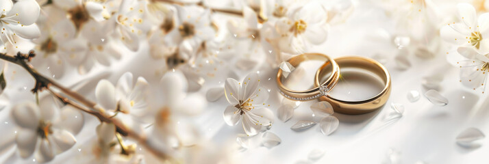 Obraz na płótnie Canvas two golden wedding rings and flowers on white background. banner