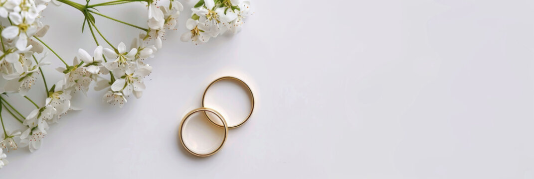 two golden wedding rings and flowers  on white background. banner