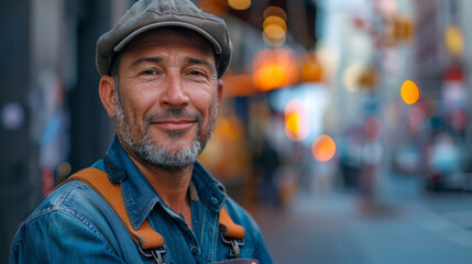 A portrait of a smiling man wearing a flat cap and denim jacket in an urban setting with blurred city lights in the background.