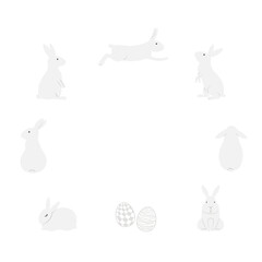 Easter bunnies, painted eggs circular frame with copy space on transparent. Flat style design, isolated vector. Easter holiday clip art, seasonal card, banner, poster, element