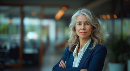 portrait of a senior business woman standing with arms crossed in a modern office, with a blurry background and copy space on the right side.