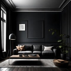 Dark living room interior with black empty wall 