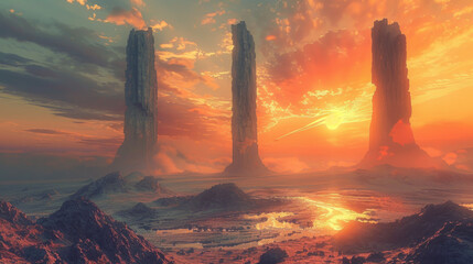 An artistic rendition of an alien landscape with towering rock formations under a sunset sky. A radiant light source casts a warm glow over the terrain