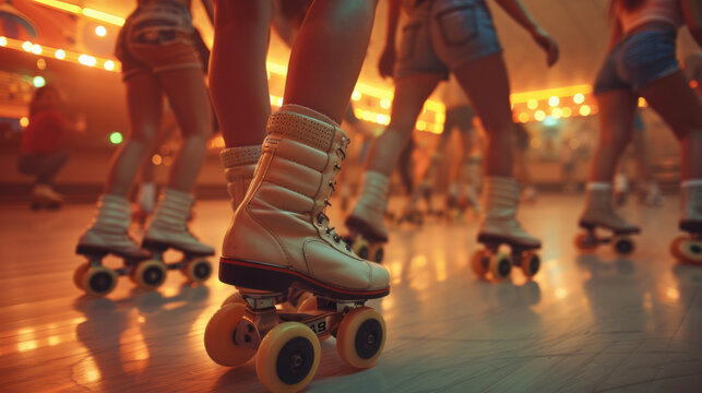 Close-up of a line of people's legs wearing roller skates, gliding across a wooden floor, with a warm, nostalgic ambiance at a roller disco rink illuminated by ambient lighting.