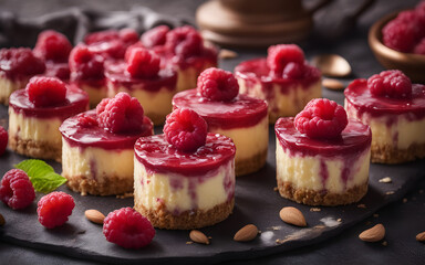 Round mini cheesecakes with raspberries and almond flakes