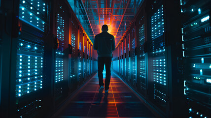 Technician Walking Through Server Room Corridor
. A man strides down the futuristic, neon-lit corridor of a data center, surrounded by racks of servers storing vast amounts of information.
