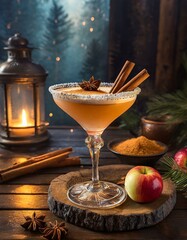 Fireside Martini: A cozy and inviting ambiance with a fireside martini, featuring warm and comforting flavors like spiced rum and apple cider, garnished with a cinnamon stick.
