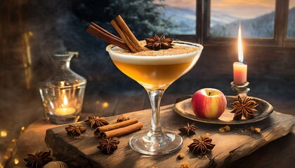 Fireside Martini: A cozy and inviting ambiance with a fireside martini, featuring warm and comforting flavors like spiced rum and apple cider, garnished with a cinnamon stick.