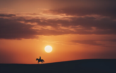 Fototapeta na wymiar Silhouette of a man riding a horse in at sunset