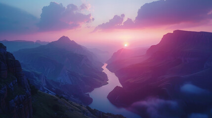 A serene landscape depicts a sunset over a majestic river canyon. The sky is painted with hues of pink, purple, and orange as the sun dips below the horizon