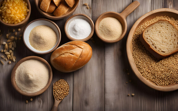 Top view of organic products. Bowls with different gluten free grains on wooden background, slices of bread, loaf and flour