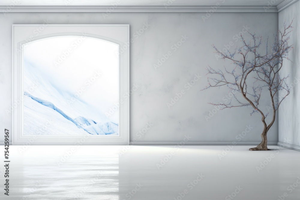 Poster A tree standing in front of a window in an empty room. Suitable for interior design concepts