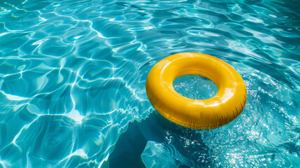 A vibrant yellow inflatable ring floating on the clear blue water of a swimming pool, embodying the joy of summer leisure - obrazy, fototapety, plakaty
